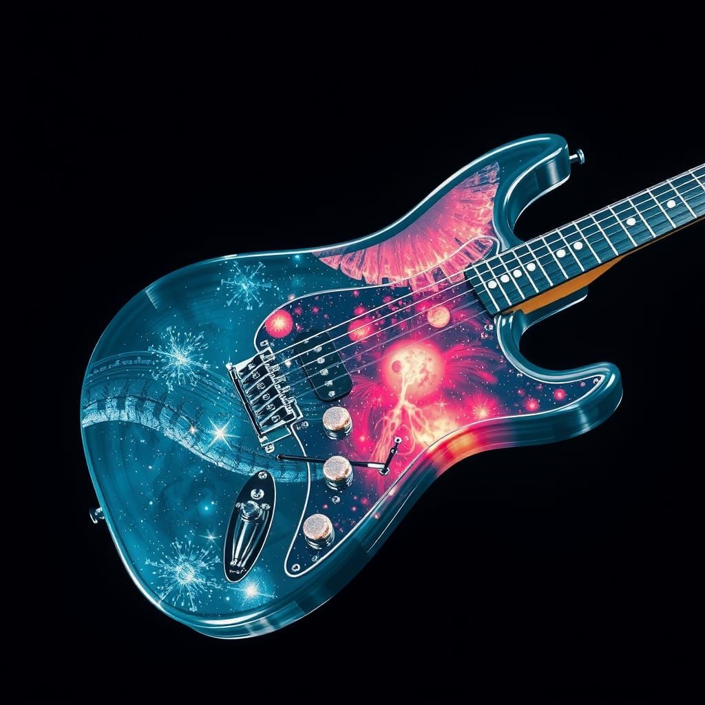 Glass Guitar Double Exposure with Space Scene