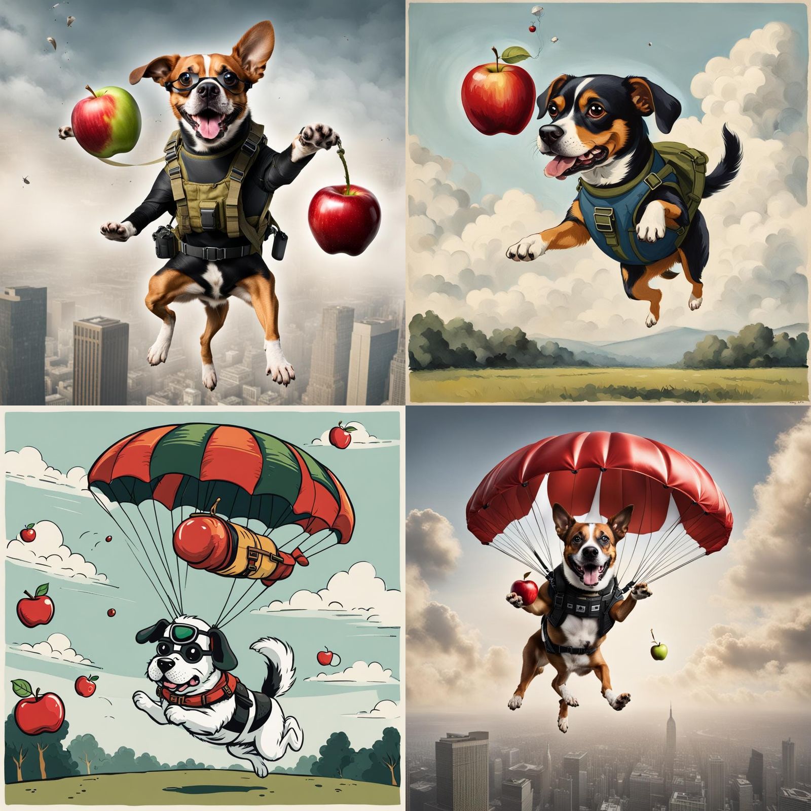 Dog Parachuting with Bomb and Apple