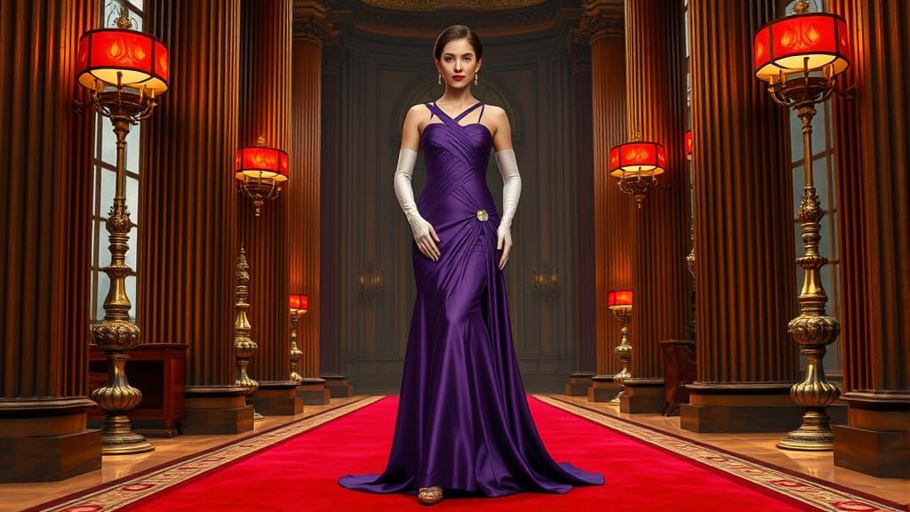 Opulent Art Nouveau Interior with Woman in Purple Gown