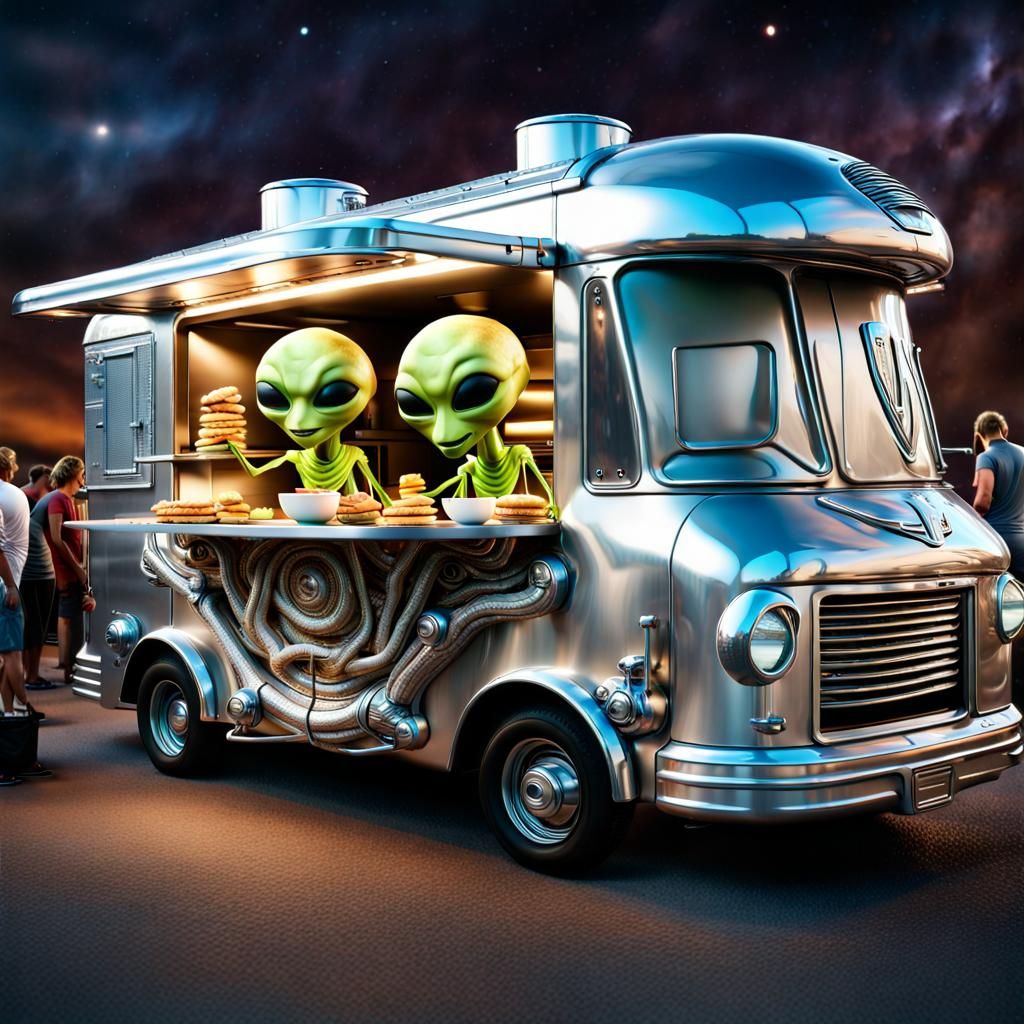 Roswell Aliens Cook Snacks in Futuristic Food Truck