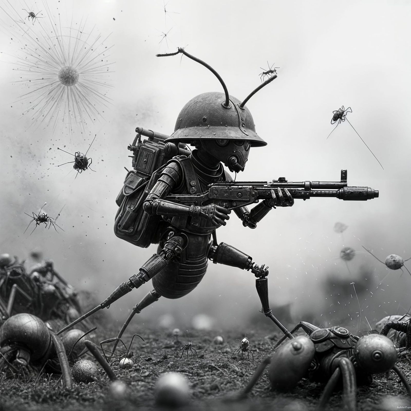 Steampunk Ant Soldier in World War II Battlefield