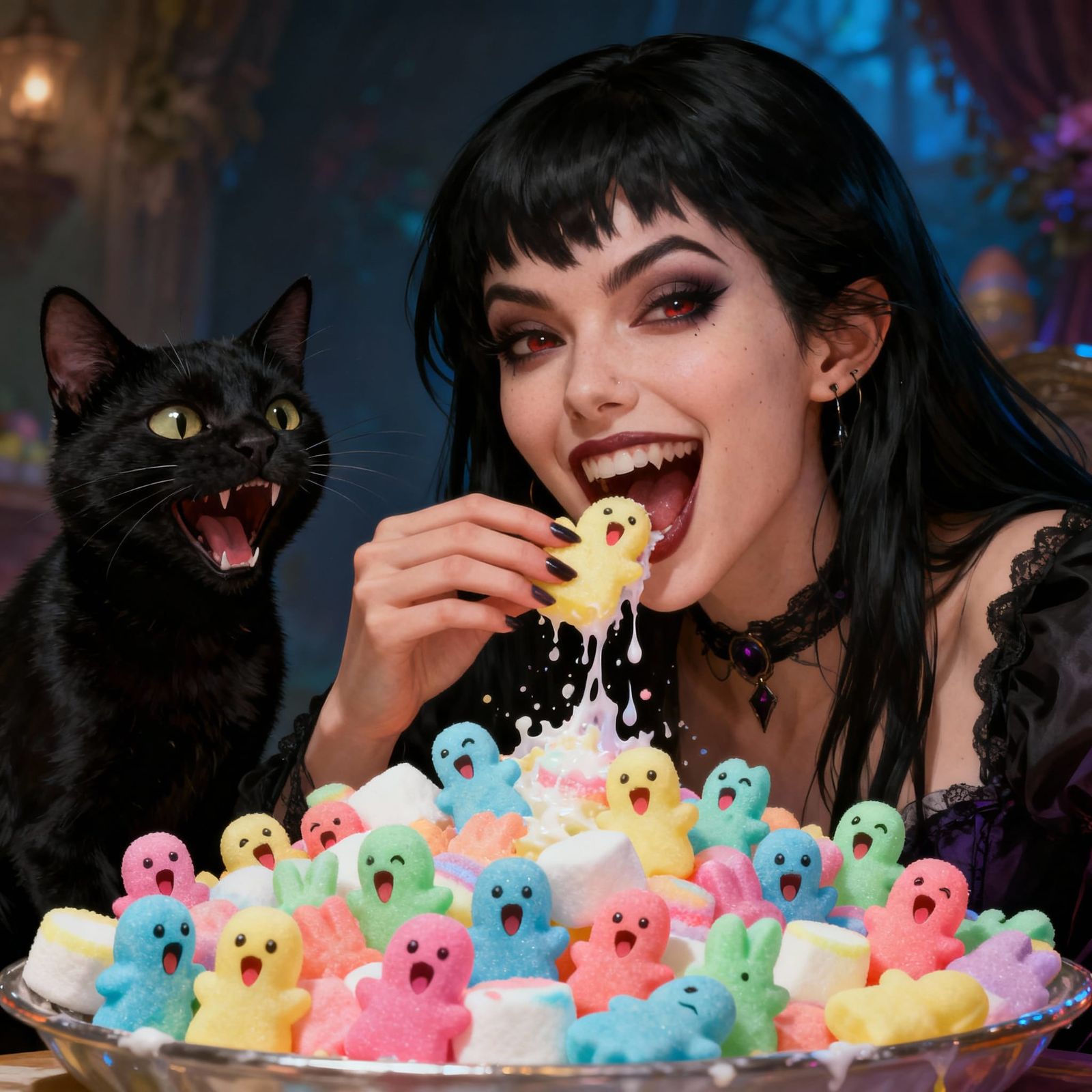 Woman Laughing with Black Cat Eating Marshmallow Candy