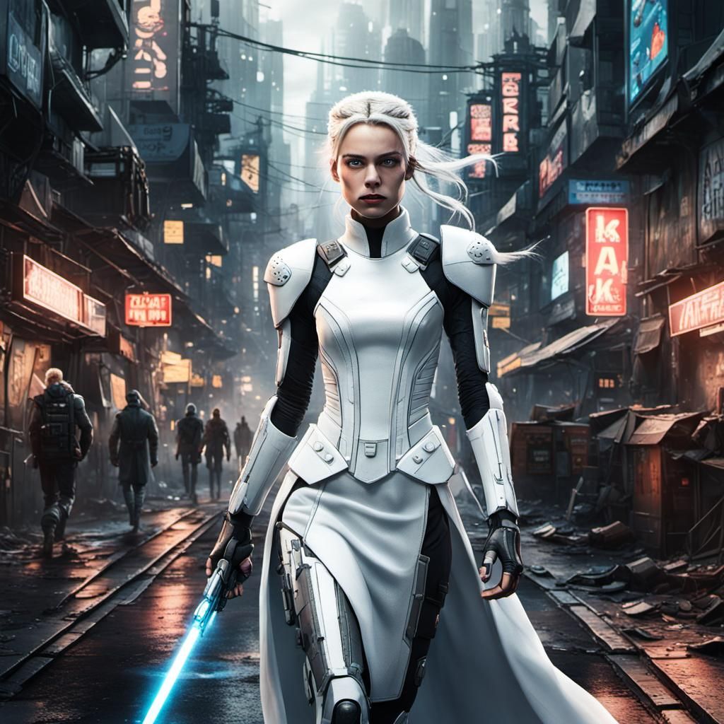 Nordic Woman in Cyberpunk City Street Scene