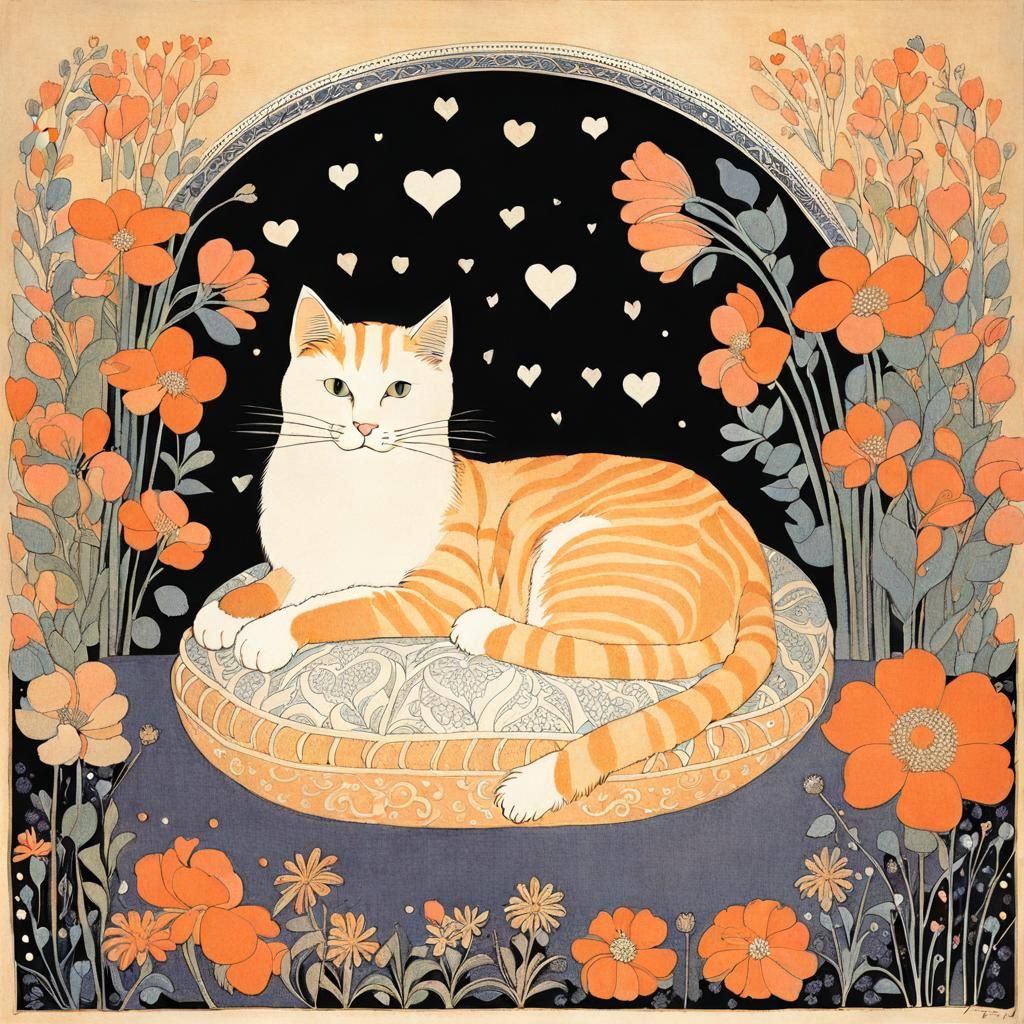 Cat on Pillow with Flowers in Fantasy Illustration