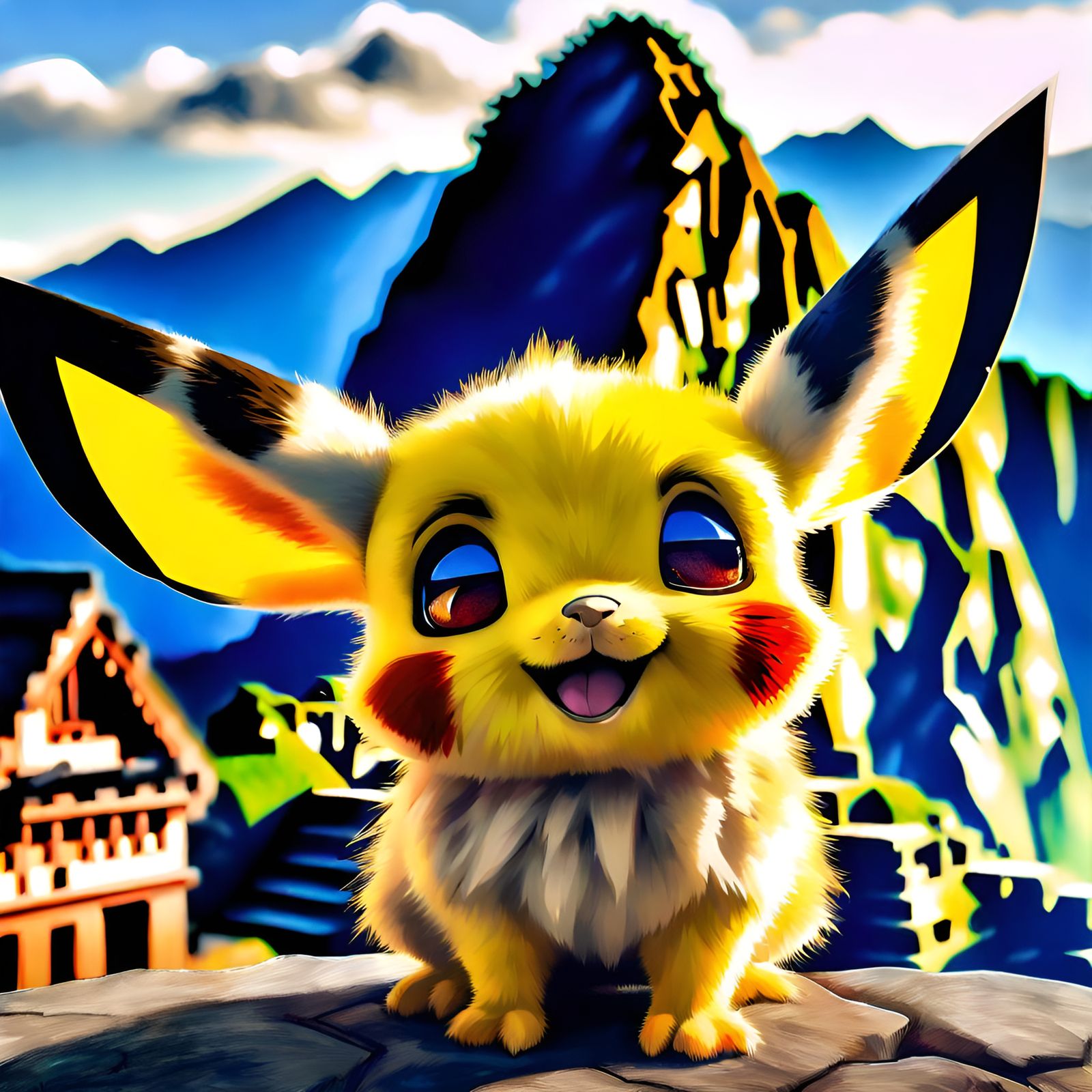 Adorable Cartoon Pichu at Machu Picchu, Digital Art