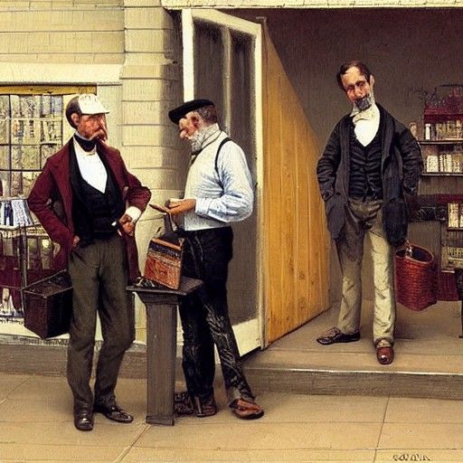 Victorian Men Confused by Laptops, Oil Painting