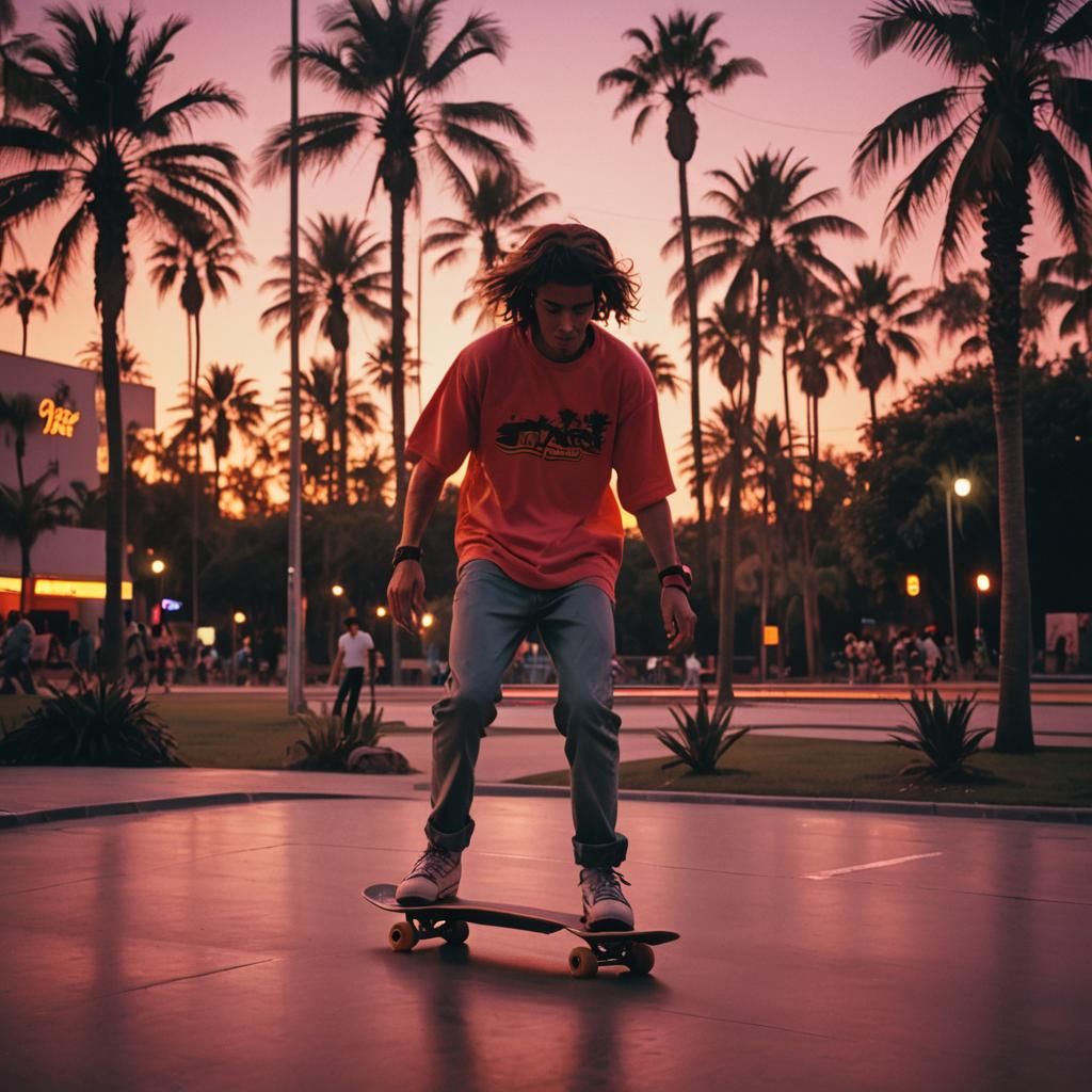 Retro 80s Skate Park Scene in Neon Lights