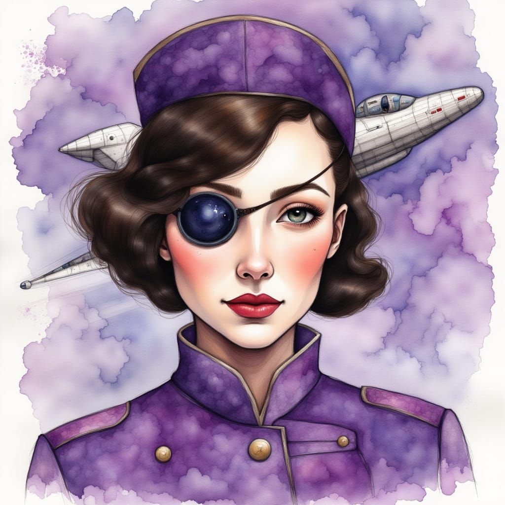 Brunette in Purple Uniform with Eyepatch, Watercolor Style