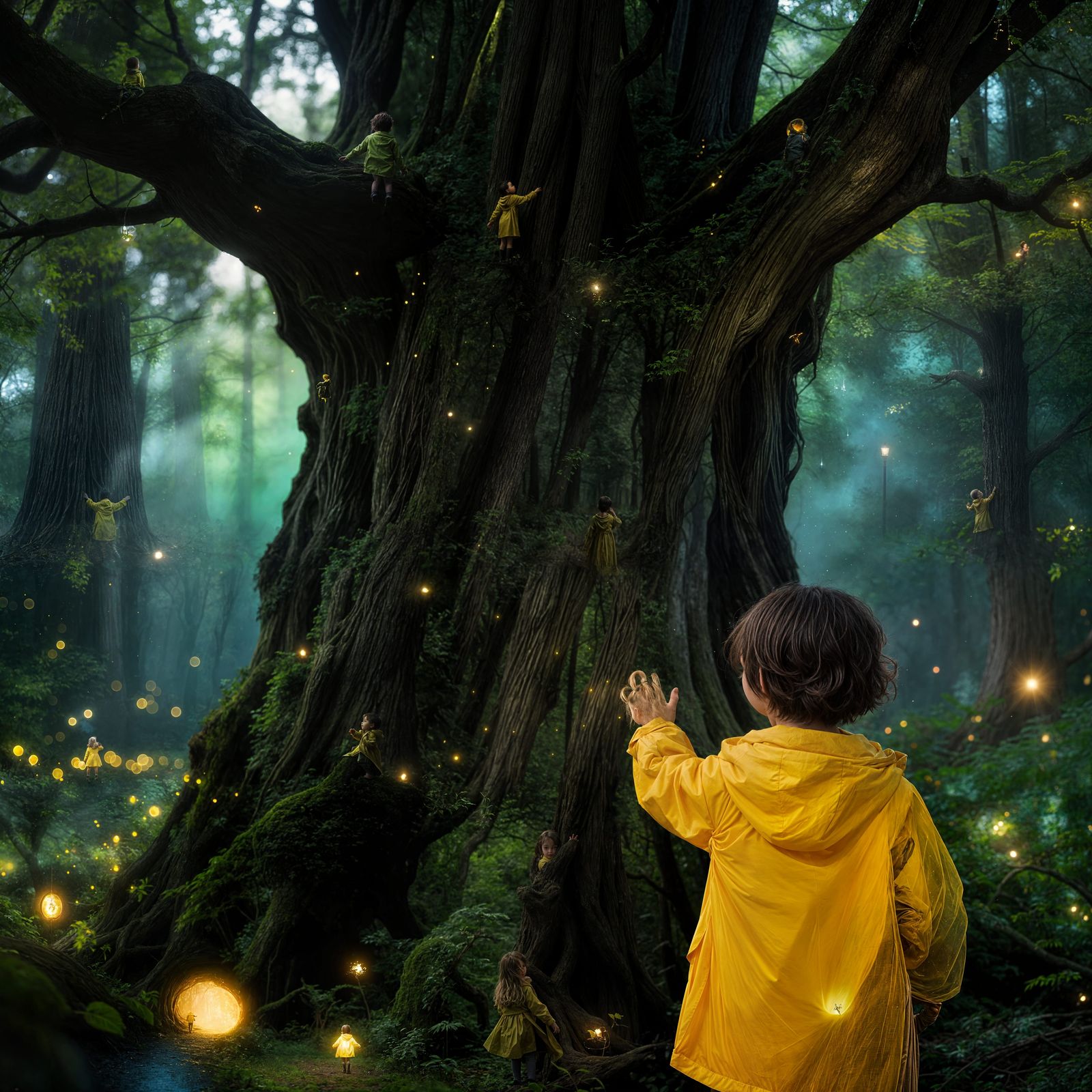 Child Reaches for Ancient Tree in Magical Glowing Forest