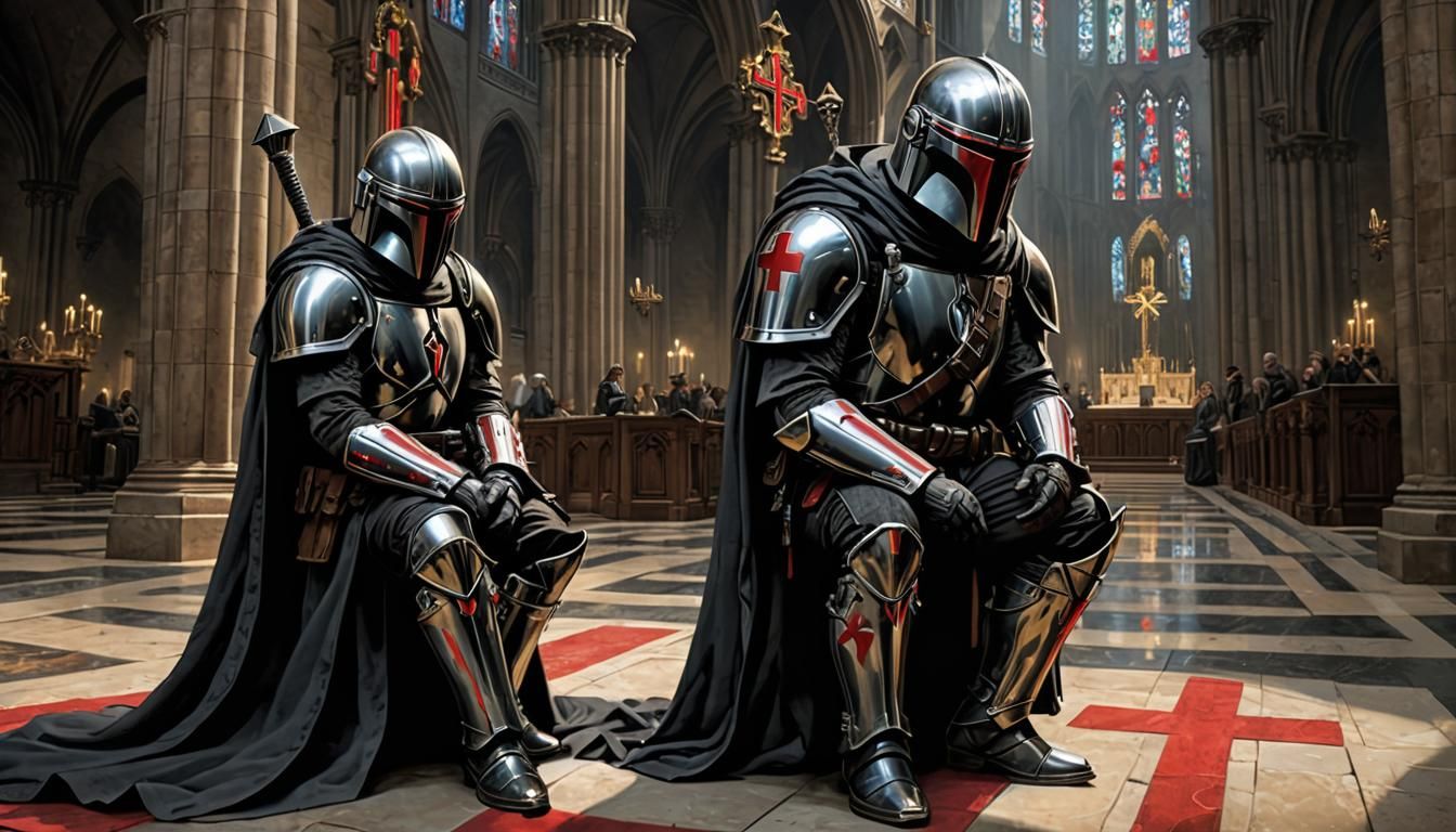 Mandalorian Knight Templar in Dark Fantasy Cathedral
