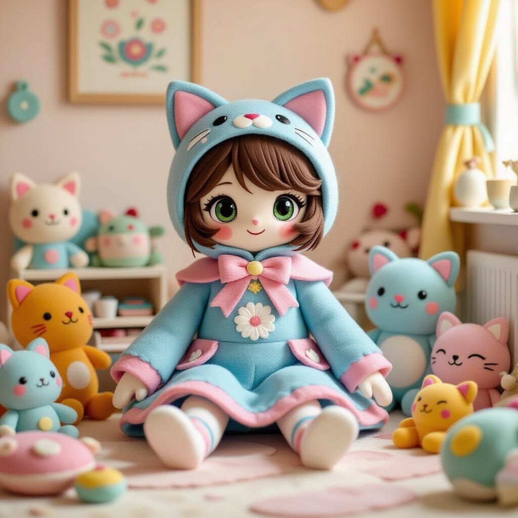 A catgirl in a felt outfit, in a room adorned with felt toys