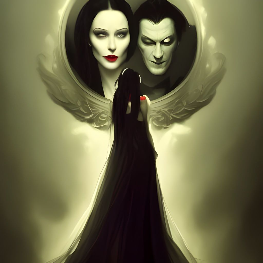 Gomez and Morticia Addams Portrait in Hyperdetailed Style