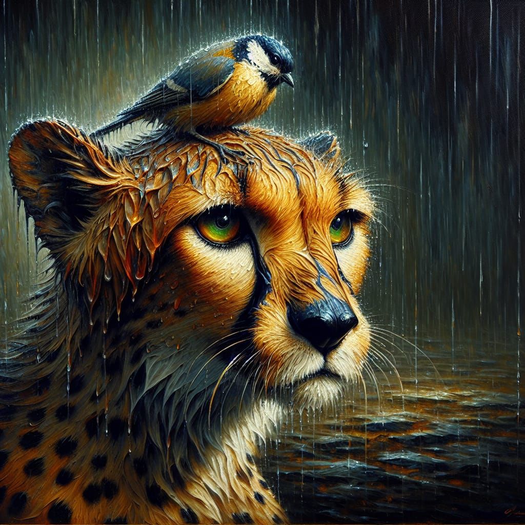 Rain-Soaked Cheetah with Bird, Impasto Oil Painting