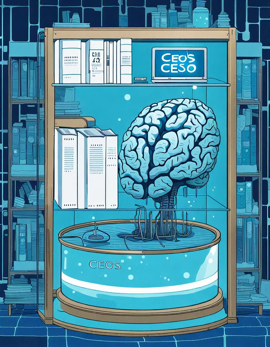 'Cyan Brain' in a blue 'liquid glass pot machine' with a great high tech screen behind, with indigo text title: "Céos" w...