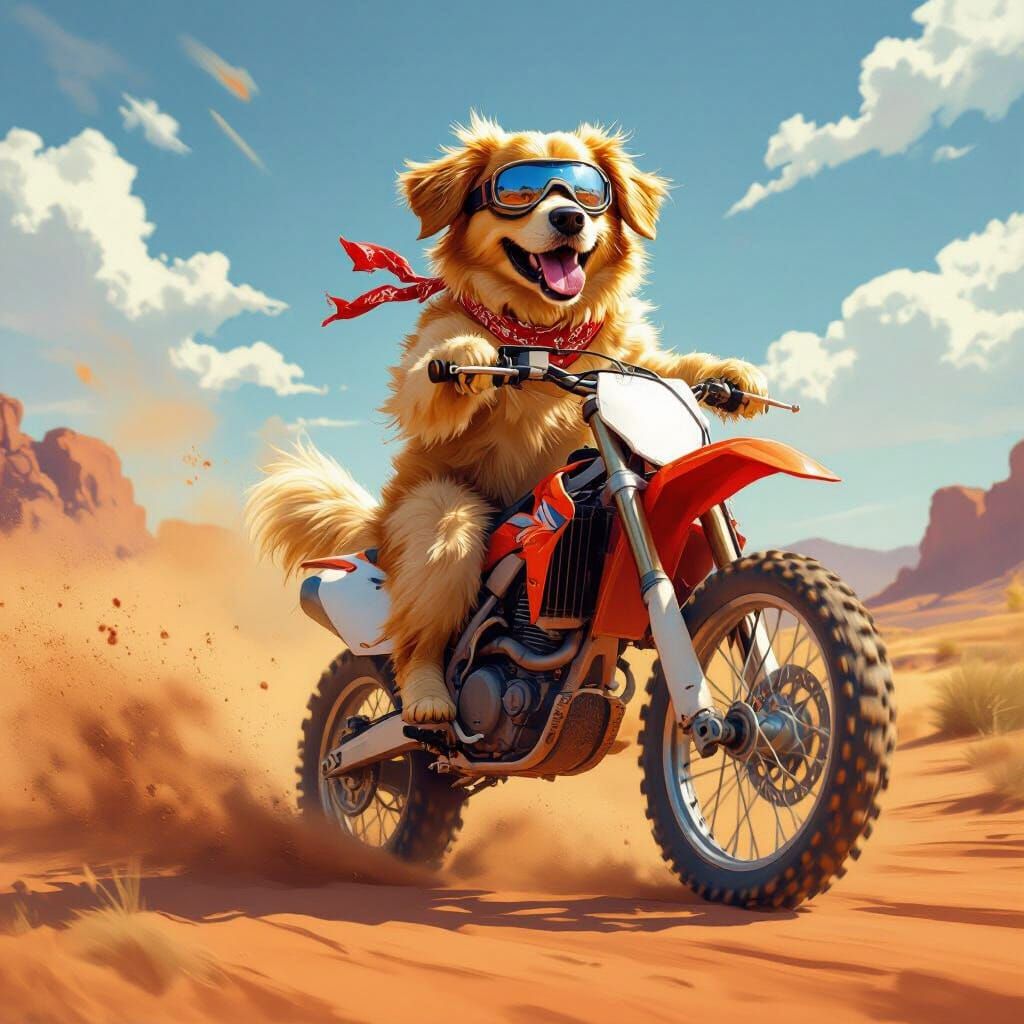 Golden Retriever Rides Dirt Bike in Desert