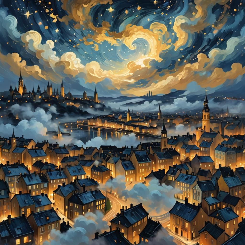 Cityscape at Dusk: Impressionist Digital Art