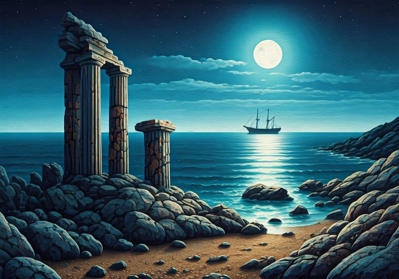 Coastal Ruins at Night with Impasto Texture