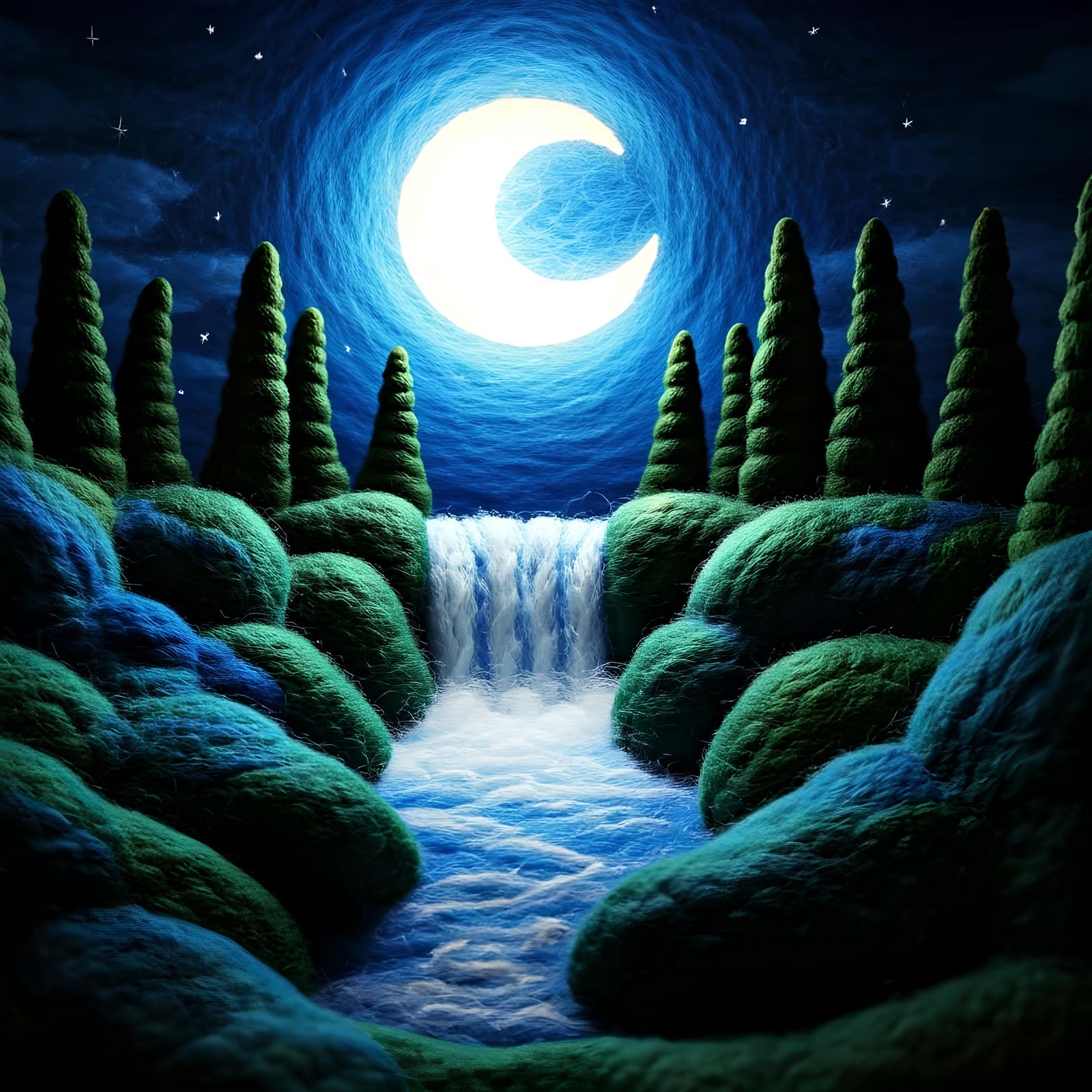 Wool Knit Moonlit Waterfall Scene