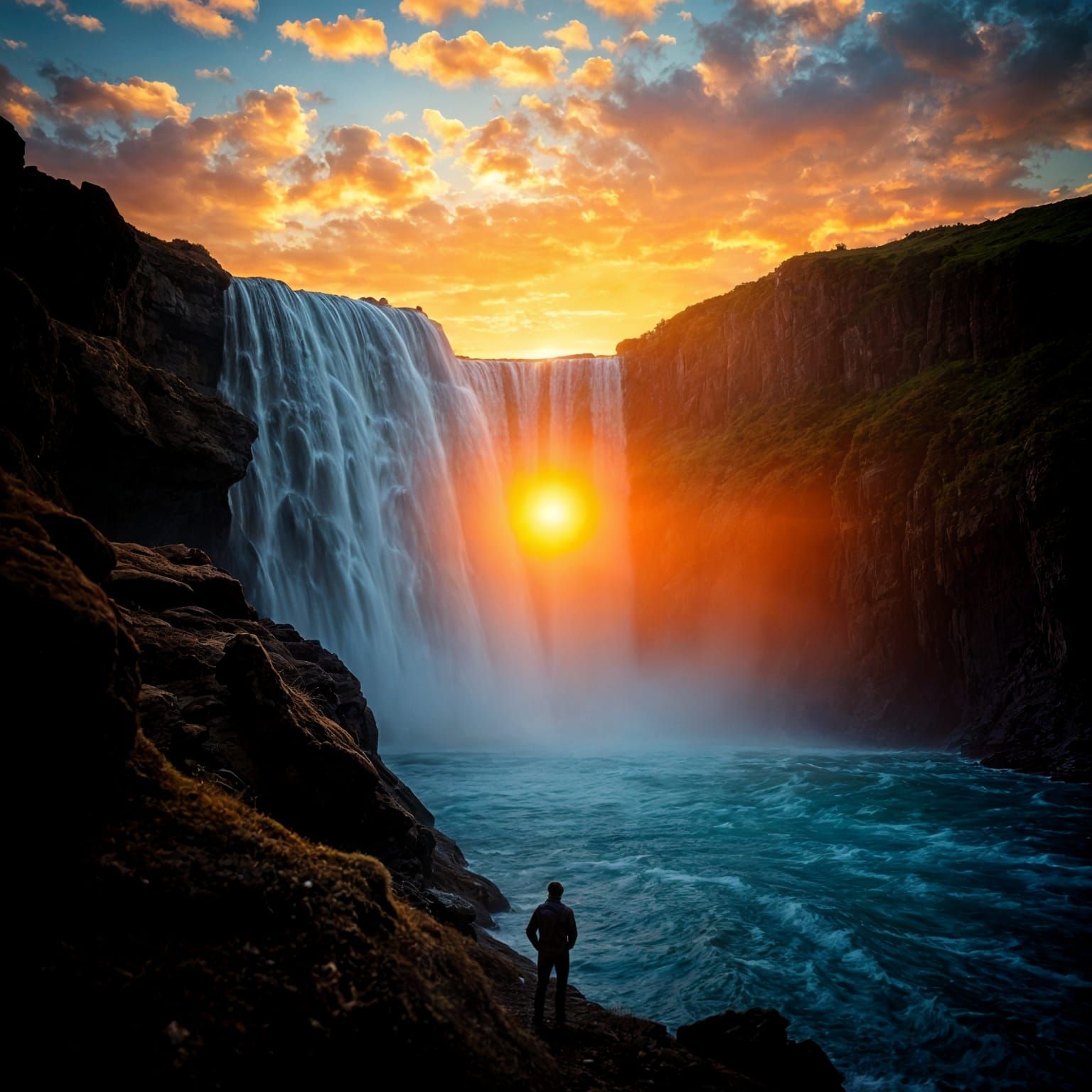 Dramatic Waterfall Sunset in Cinematic Style