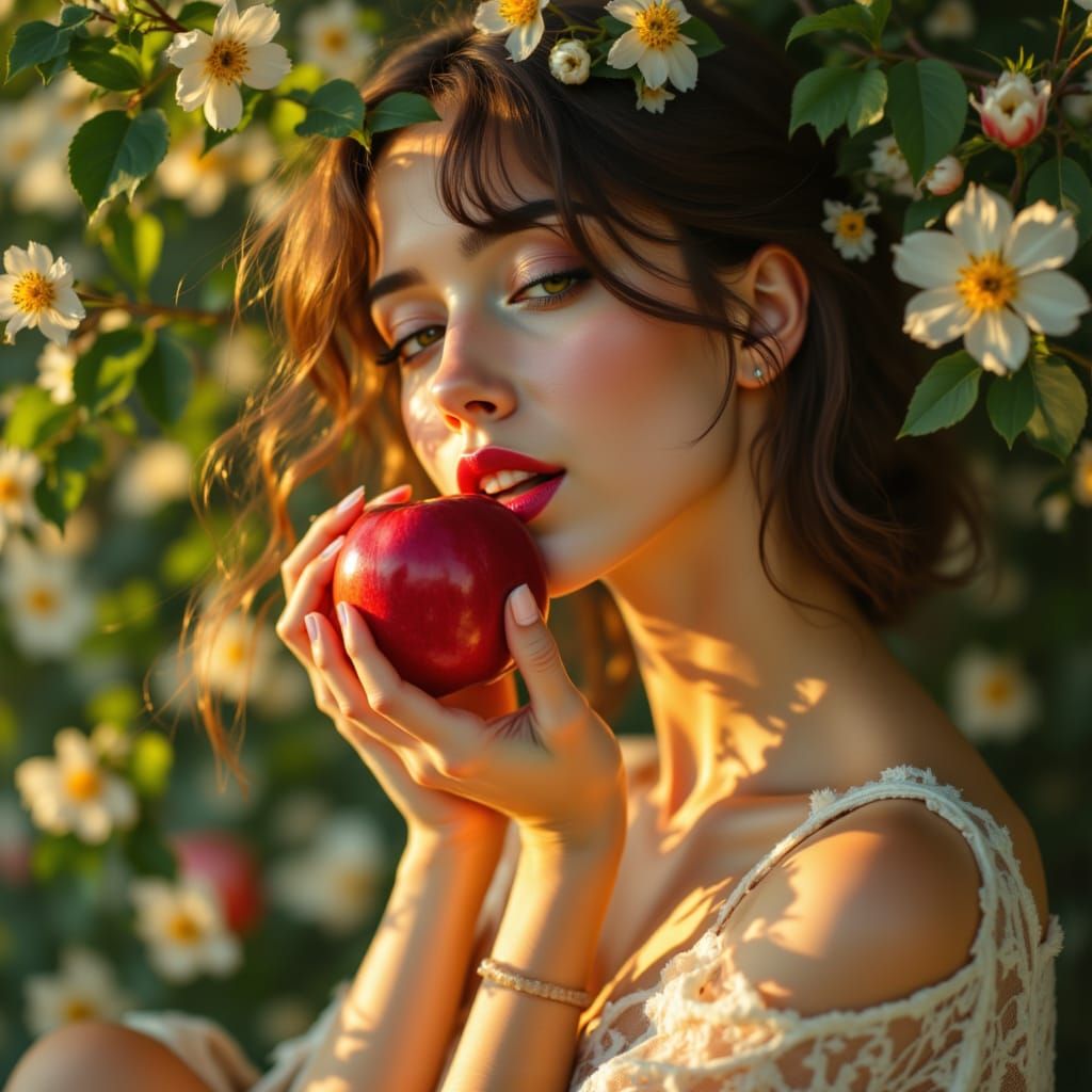 Impressionist Young Woman Savoring an Apple
