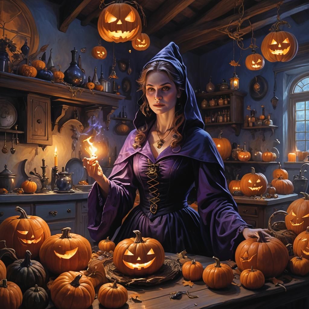 Young Witch in Victorian Kitchen with Jack-o-lantern