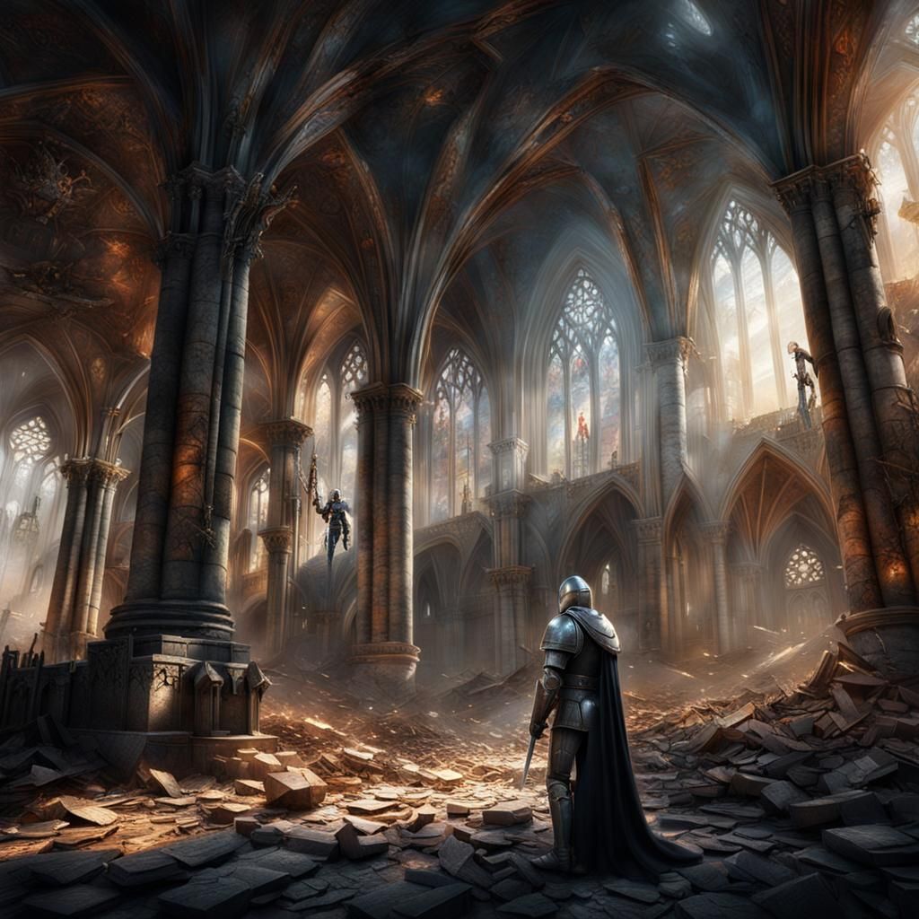 Knight Praying in Ruined Cathedral: Digital Matte Painting