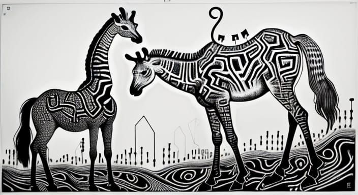 Giraffe on Circuit Board Neo-Expressionist Charcoal Drawing