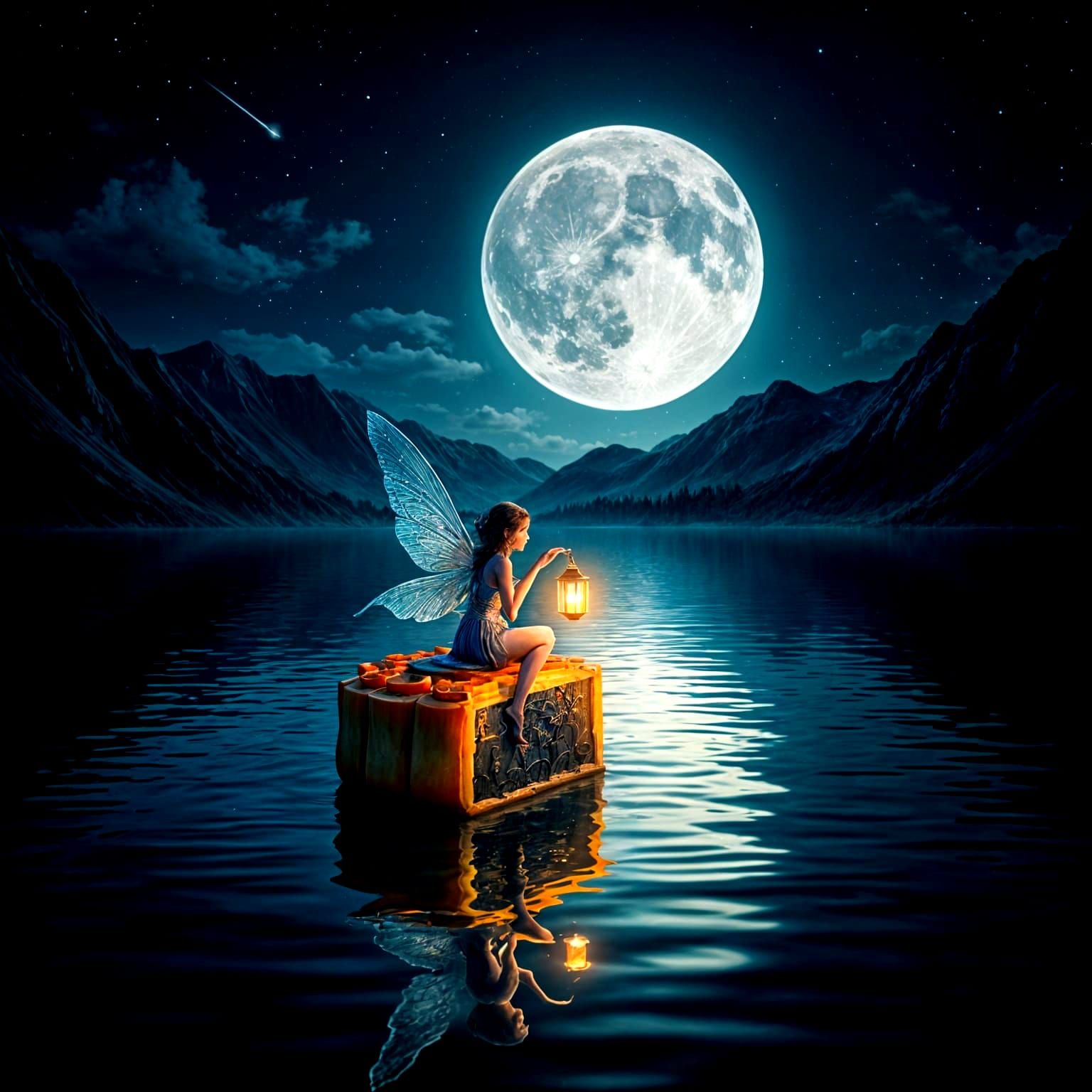 Fairy on Mooncake at Night: Fantasy Concept Art