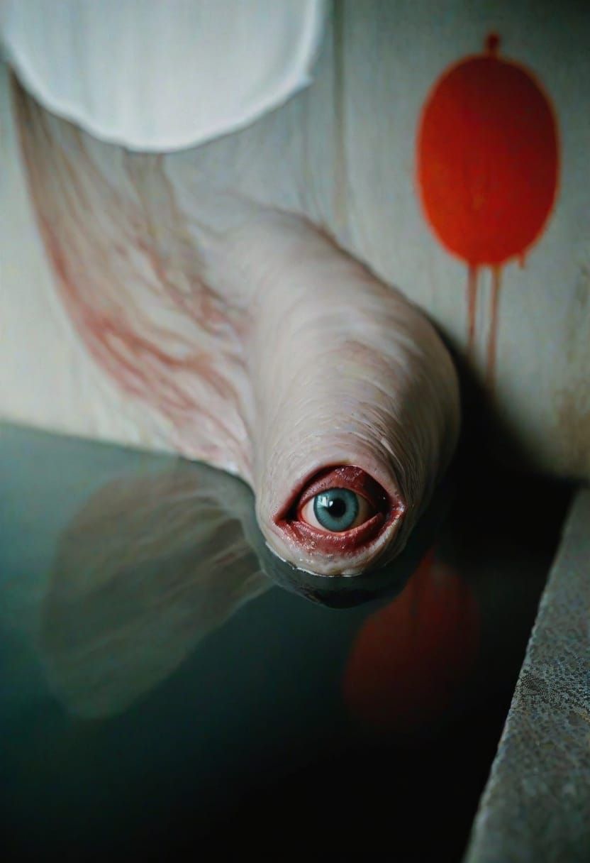 Gothic Demon Eye Lurking in Dirty Hair and Drapes