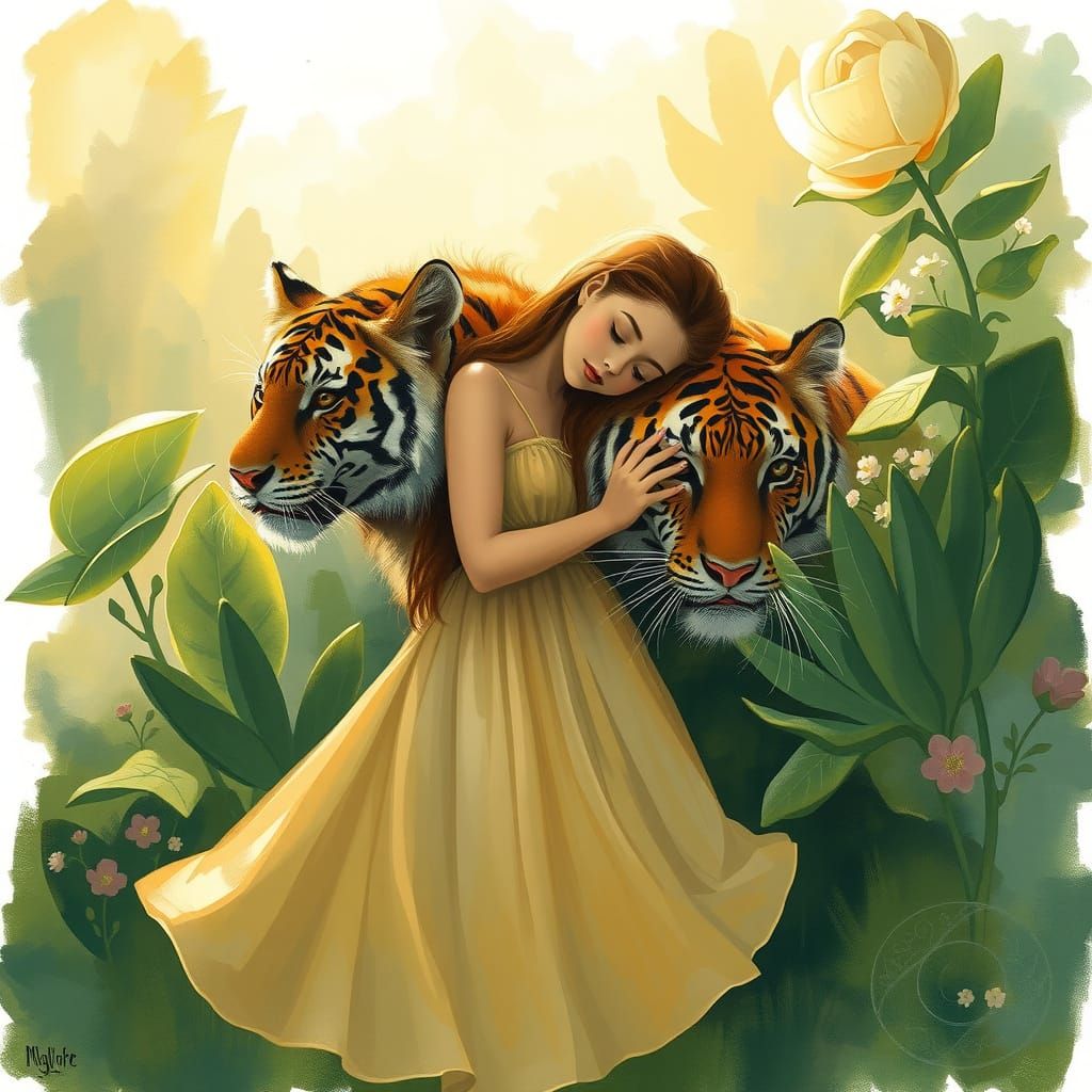 Girl Embracing Tiger in Golden Light