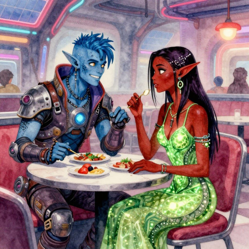 Tidal Punk Elves Dine in Solar Punk Diner Watercolor