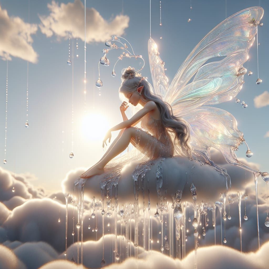 Ethereal Air Fairy Weeps Amidst Celestial Rain Shower