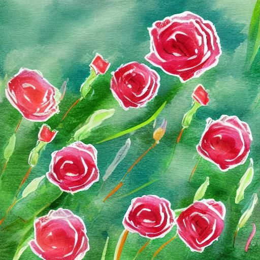 Swirly Watercolour Roses in Green Meadow