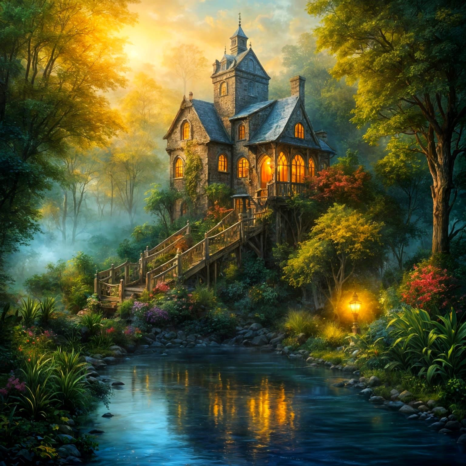 Gothic Watermill in Fog: Hyperrealistic Digital Art