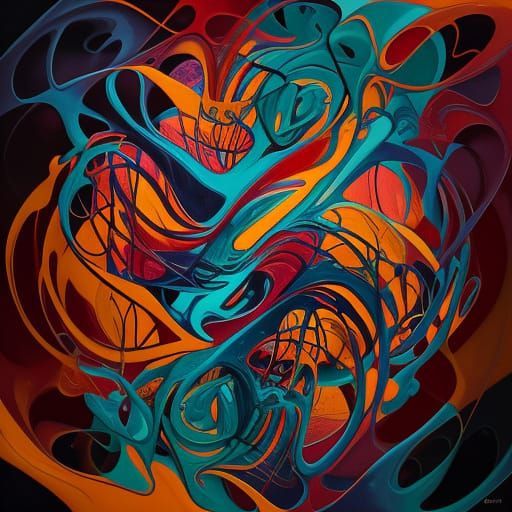 Entwined Figures in Mystical Realm: Surrealist Oil Painting