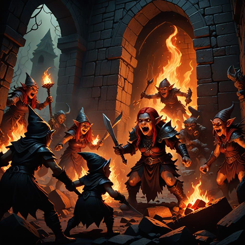 Gnomes Battle Demon Women in Dark Fantasy Tombs