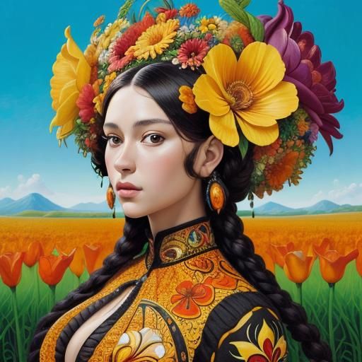 Woman with Flower Crown in Vivid Neo-Impressionist Style