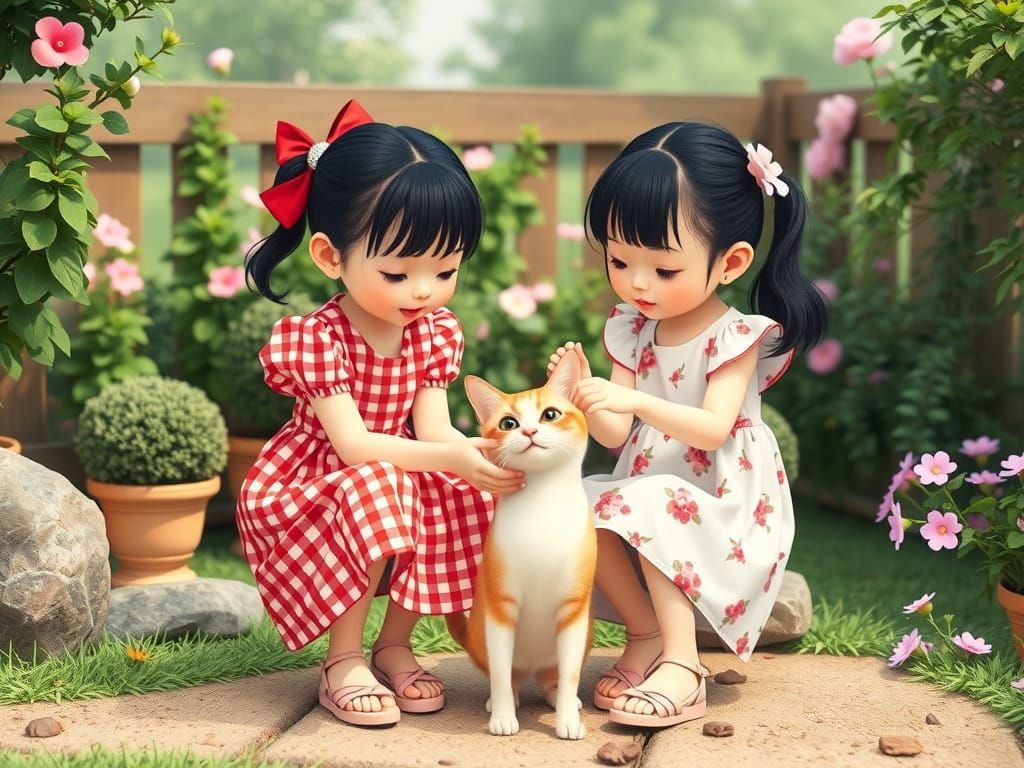 Sisters Play with Cat in Whimsical Garden Scene, in Studio G...