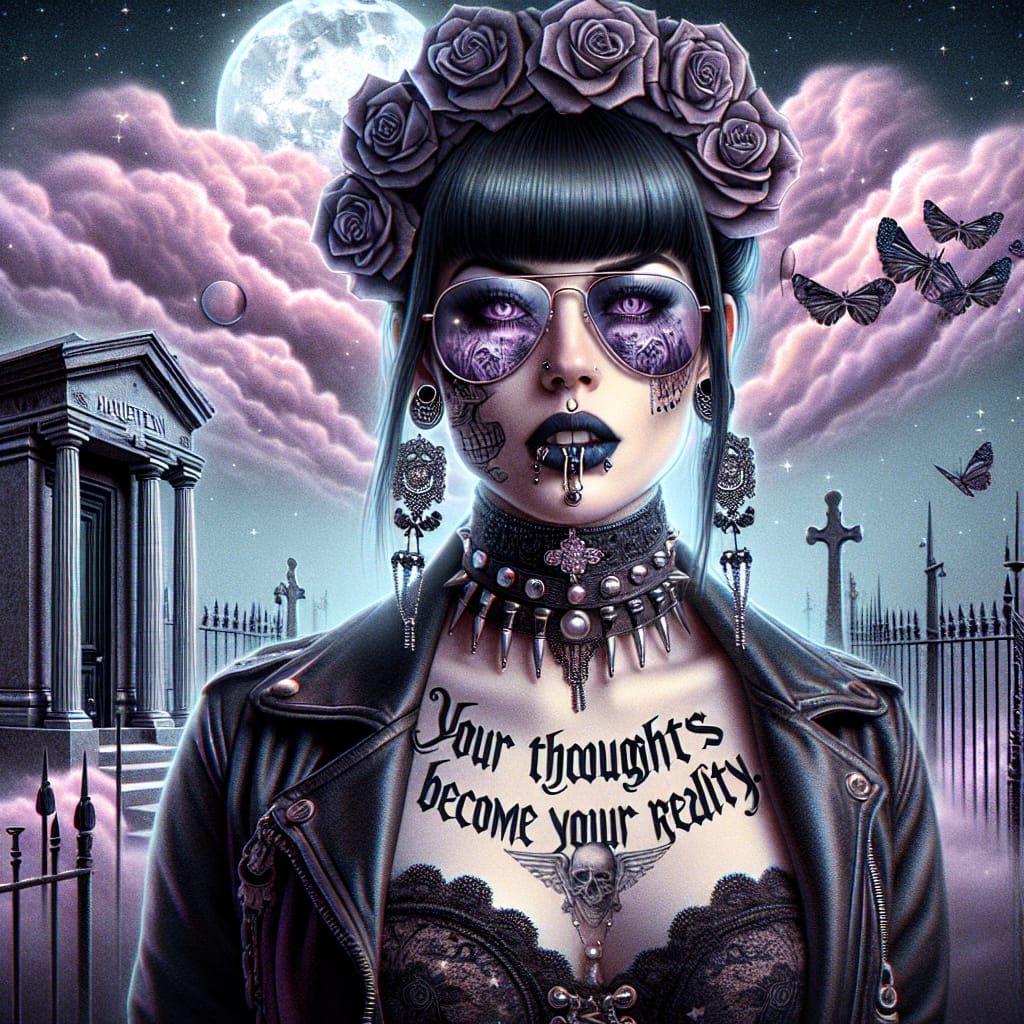 Gothic Woman with Facial Tattoos in Surreal Landscape