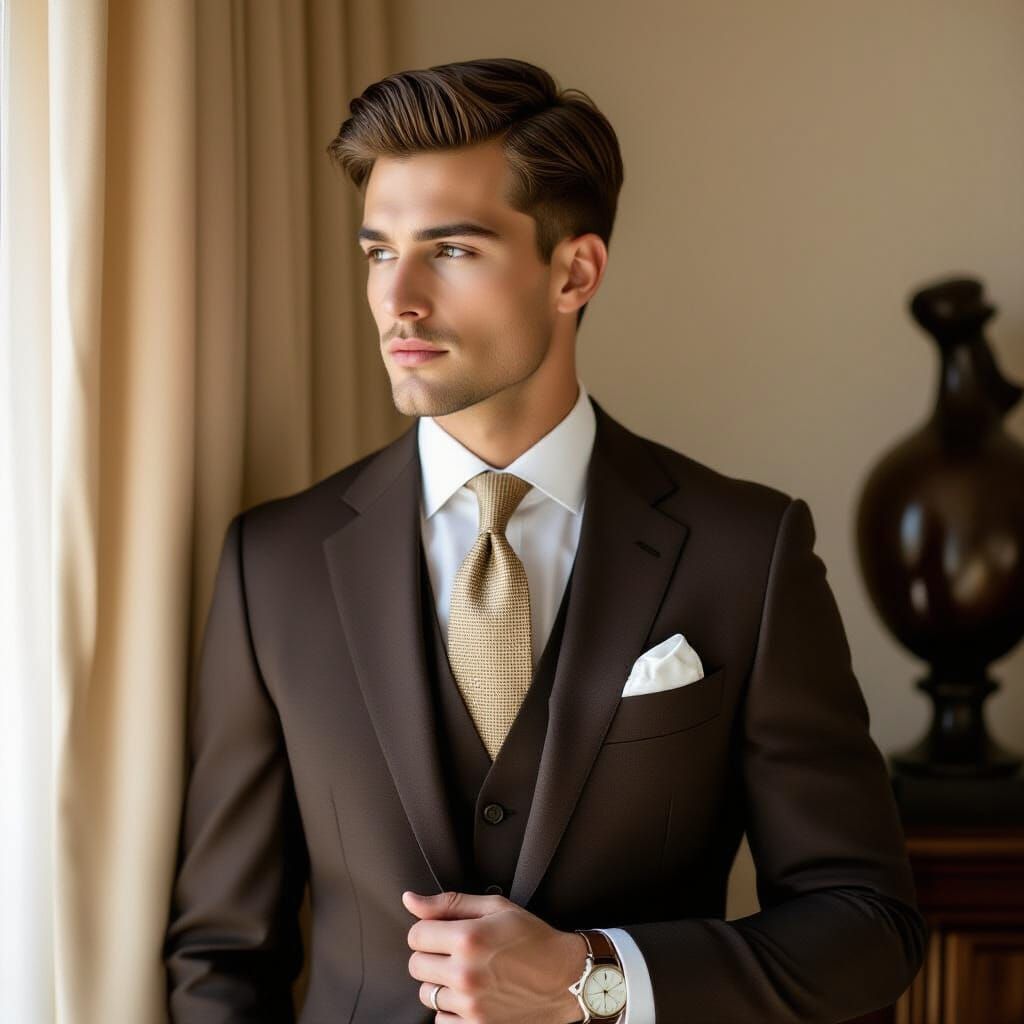 Studio Portrait of a Young Man in a Brown Suit