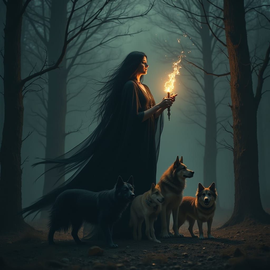 Hecate with Torch in Mystical Forest