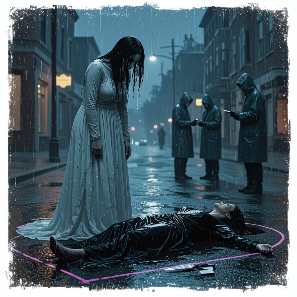 Ghostly Woman Mourns Death in Noir Style
