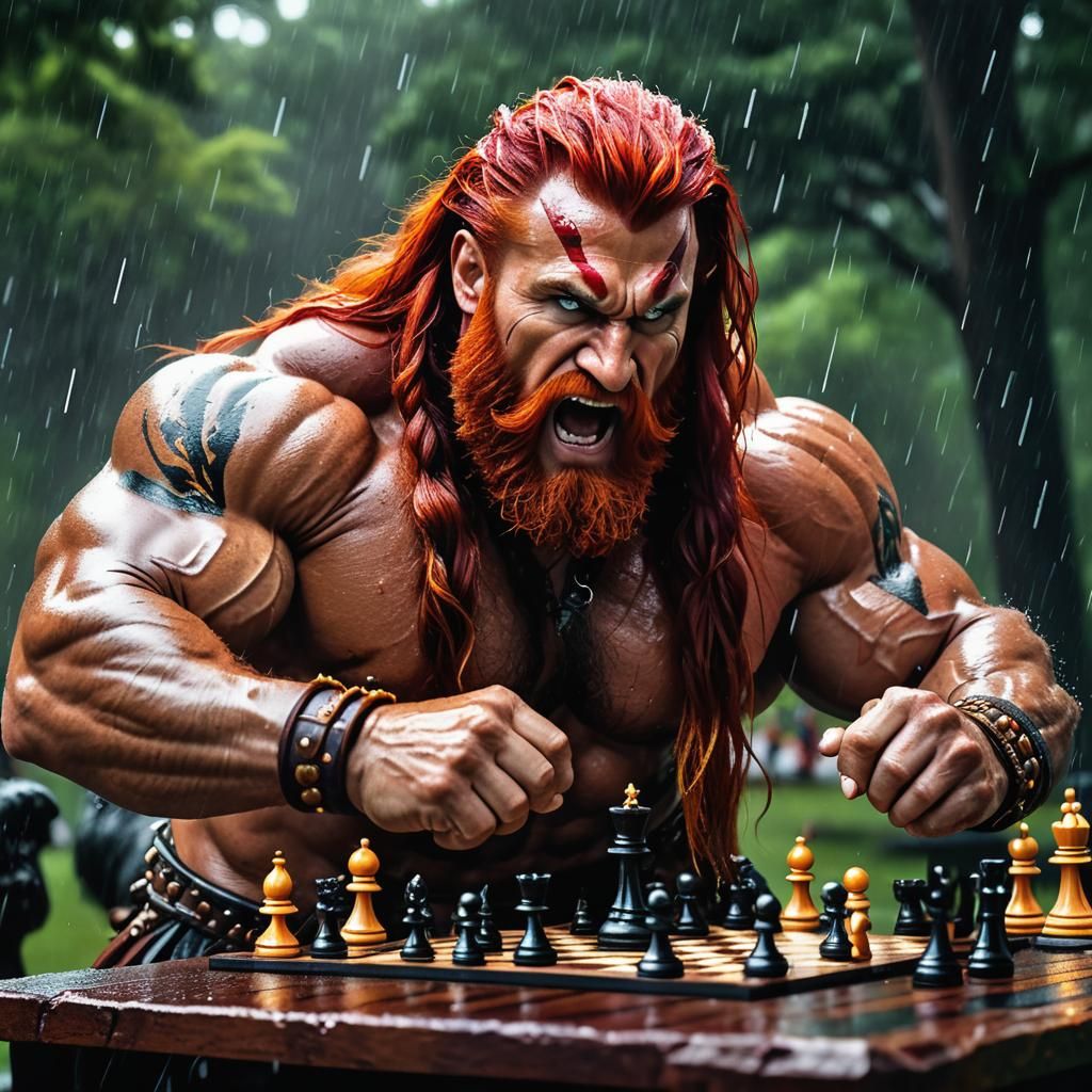 Hypermuscular Barbarian Chess Game in Rainstorm