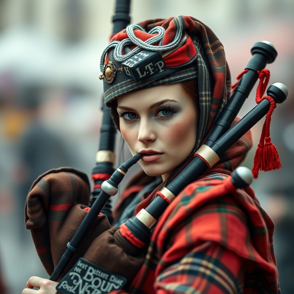 Scottish Piperess in Tartan Regalia, Captured in Vivid Abstr...