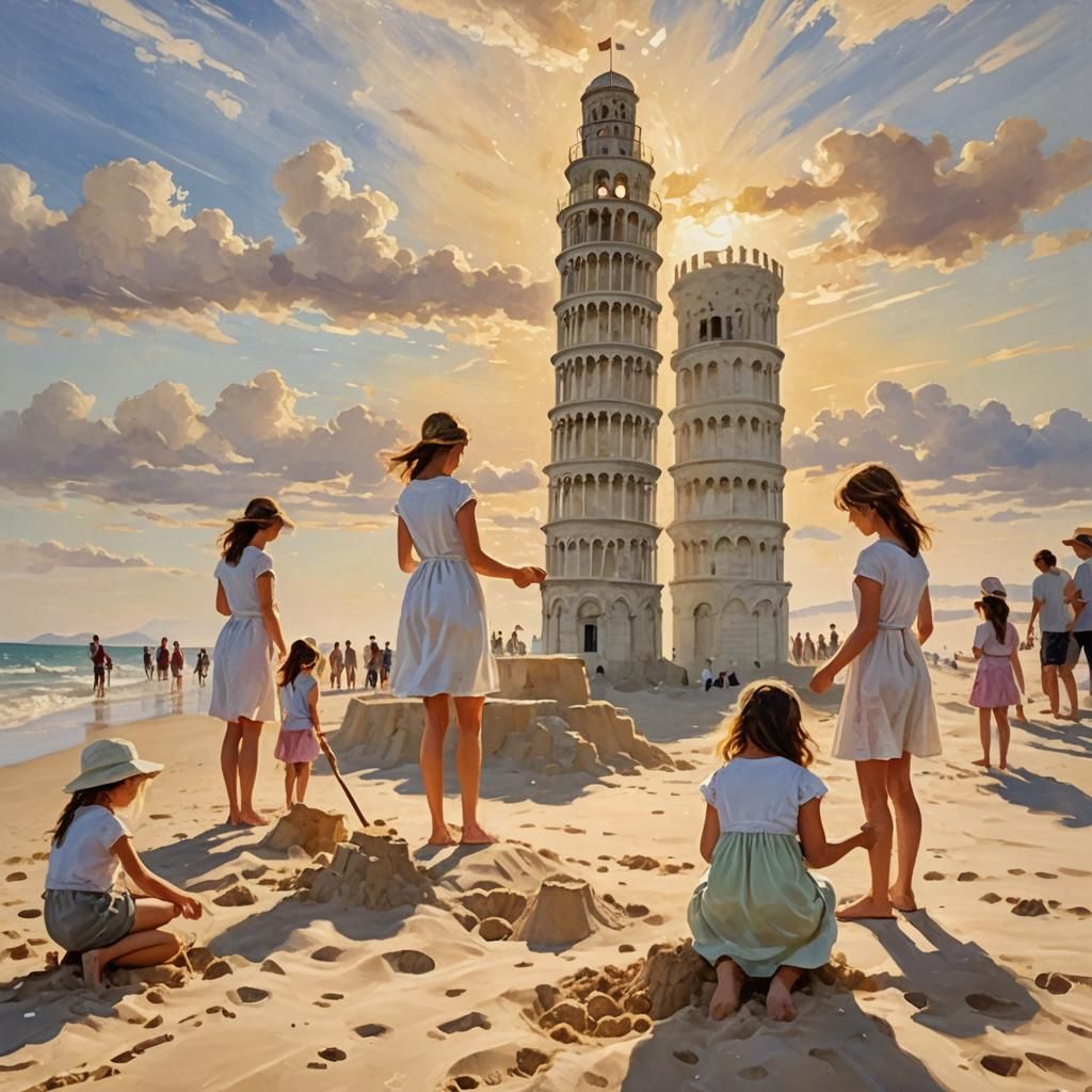 Impressionist Beach Scene: Girls Build Sandcastle