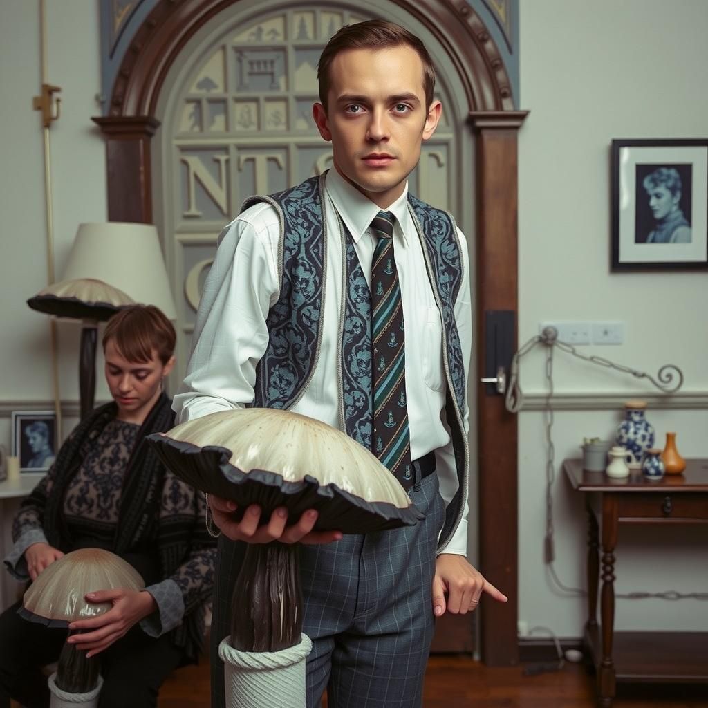 Porcelain Sculptors Tend Glowing Mushrooms, Linocut Style