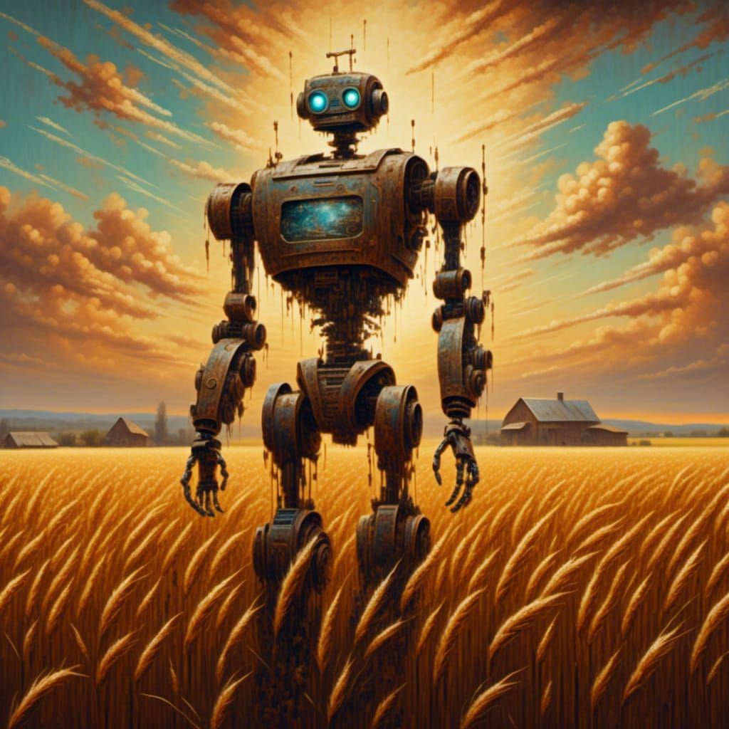 Robot on Farm in Retro-Futuristic Oil Painting Style