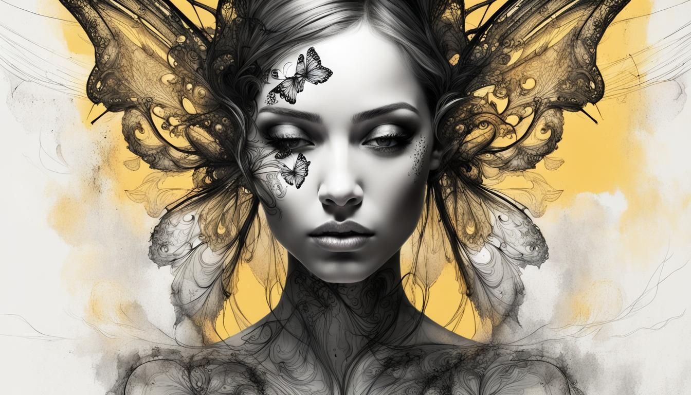 Mesmerizing Angel with Butterfly Wings in Black and White