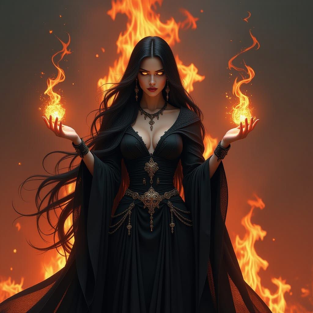 Gothic Goddess Weaving Spells in a Blazing Inferno