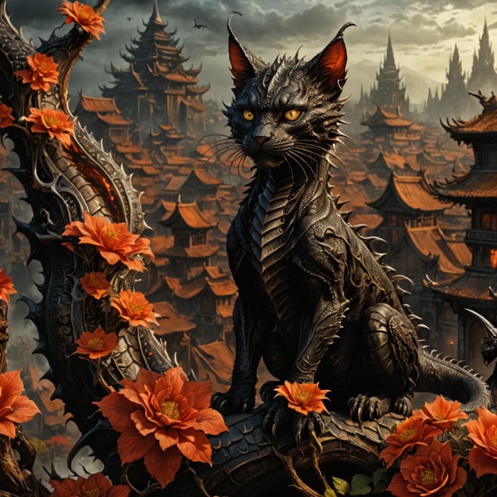 Eerie Black Dragon Cat in Detailed Fantasy Art